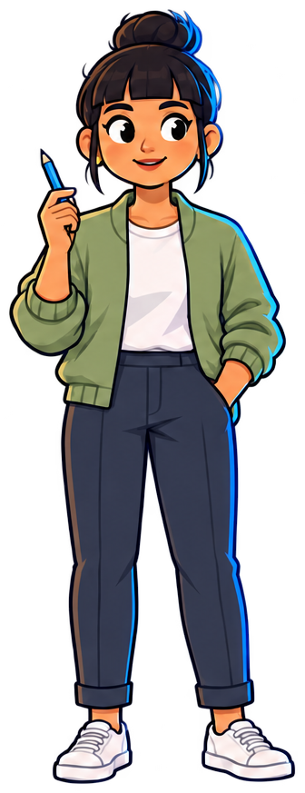 Camila Quispe de frente, cuerpo entero: chaqueta verde salvia sobre polera blanca, pantalón oscuro, zapatillas blancas. Objeto azul: lápiz.