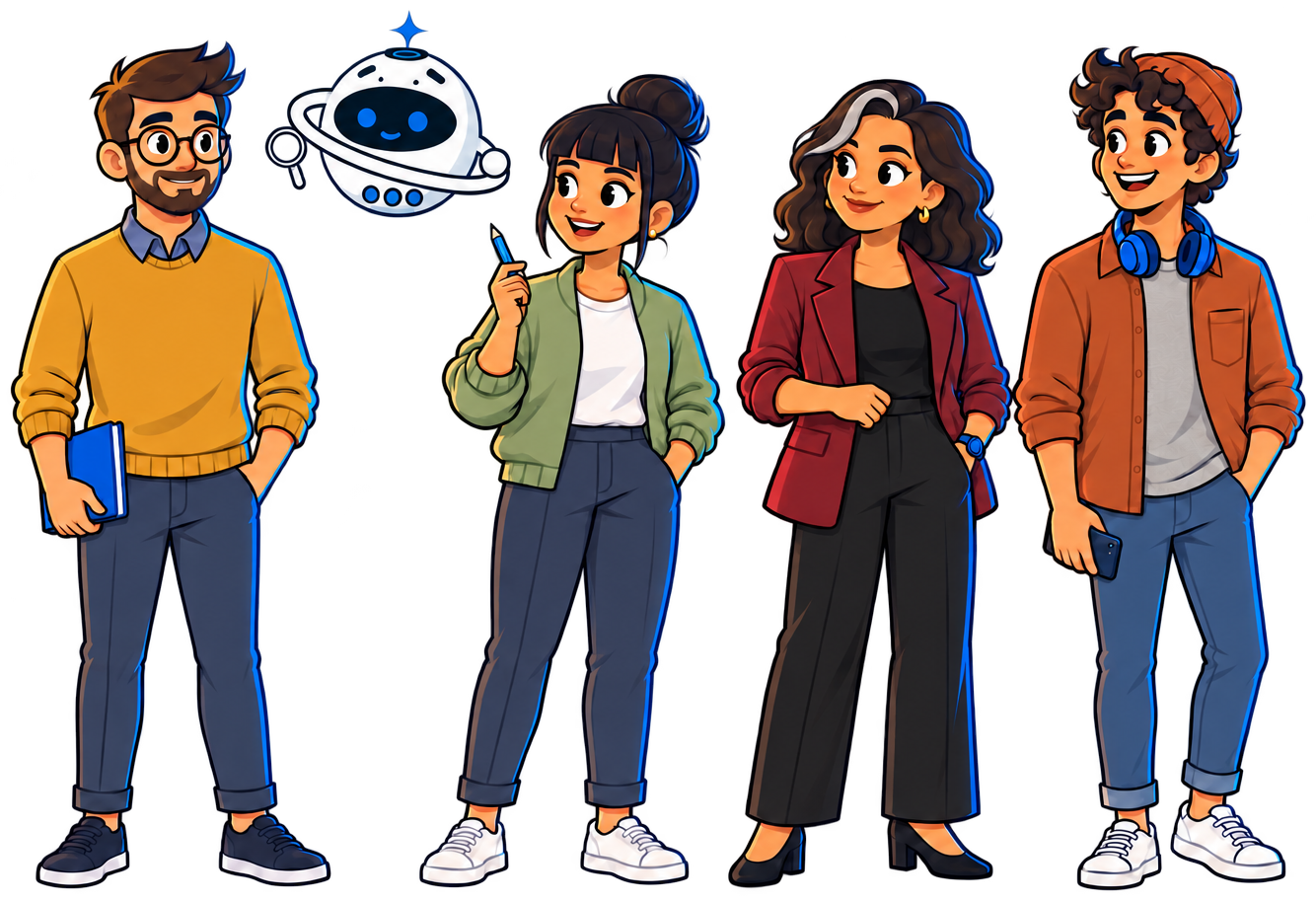 Los cuatro personajes del elenco 2D de pie: Tomás con suéter mostaza y cuaderno azul, Camila con chaqueta verde y lápiz azul, Renata con blazer burdeos y reloj azul, Mateo con sobrecamisa terracota y audífonos azules