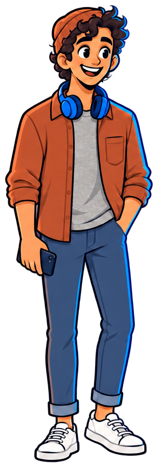 Mateo Arango de frente, cuerpo entero: sobrecamisa terracota, polera gris, jeans arremangados, zapatillas blancas. Objeto azul: audífonos.