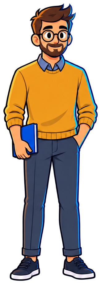 Tomás Ríos de frente, cuerpo entero: suéter mostaza sobre camisa gris azulada, pantalón gris azulado. Objeto azul: cuaderno.