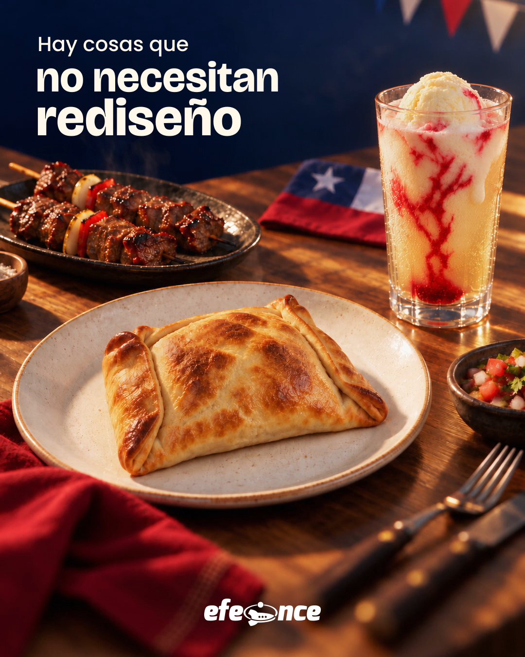 Portada 4 por 5 de Fiestas Patrias con una mesa chilena. El titular usa Poppins en Hay cosas que y Bricolage de mayor peso en no necesitan rediseño.
