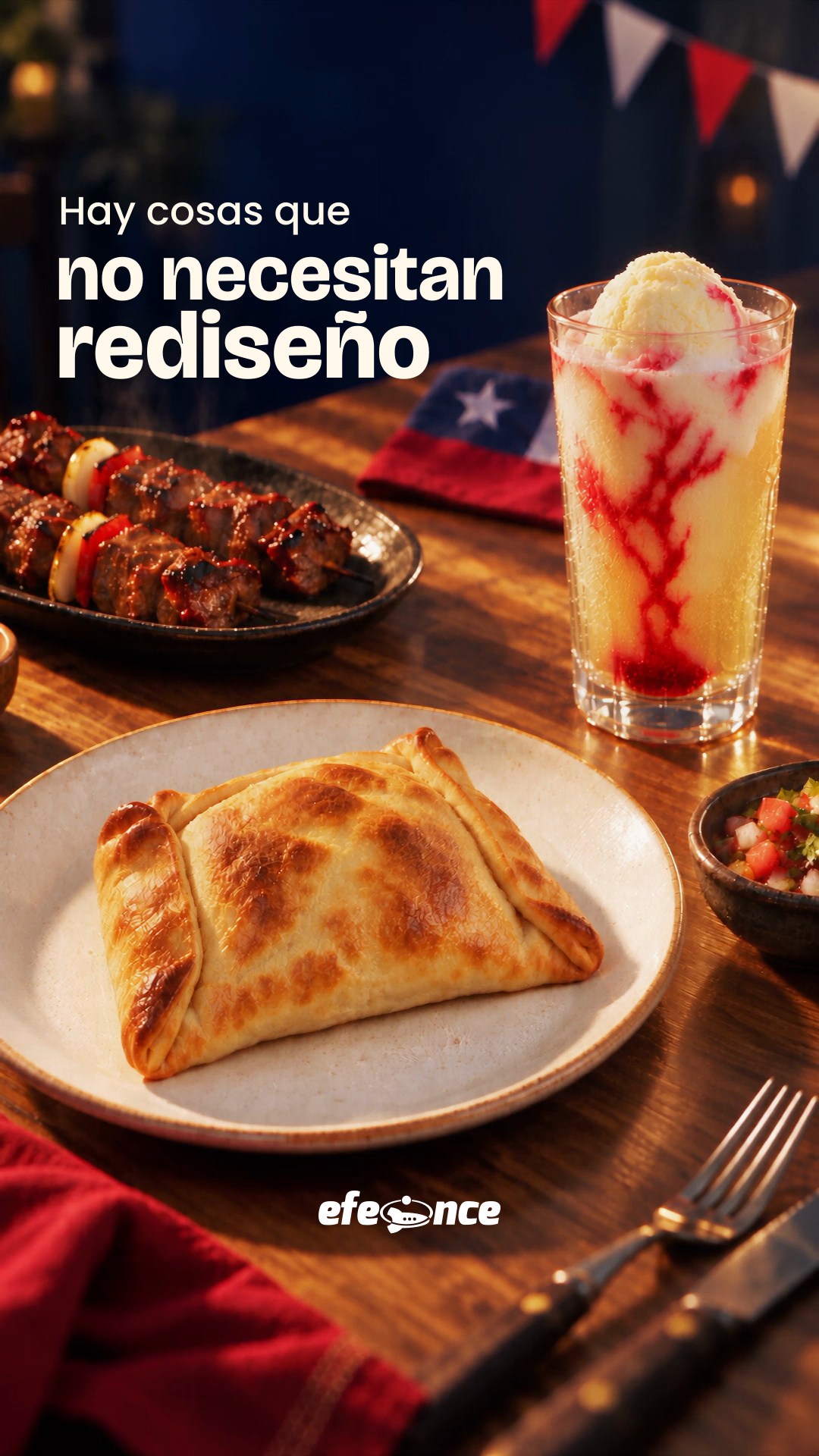 Portada vertical 9 por 16 de Fiestas Patrias con el mismo concepto tipográfico y más aire sobre una mesa chilena.