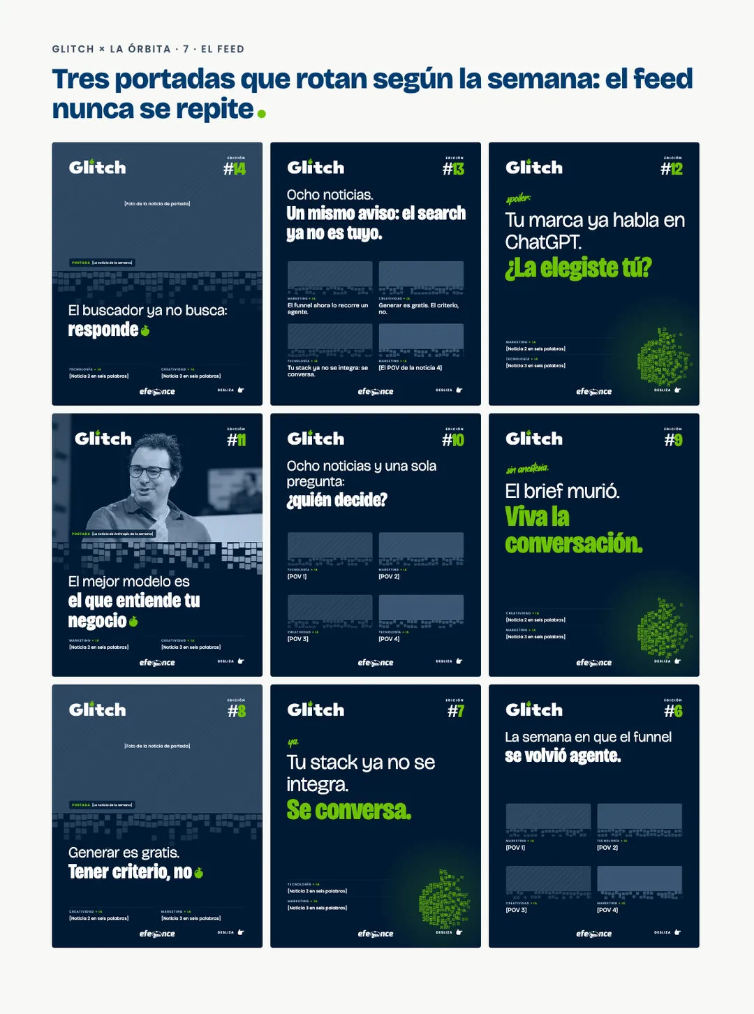 Nueve semanas de portadas de Glitch en el feed, rotando entre las plantillas A, B y C.