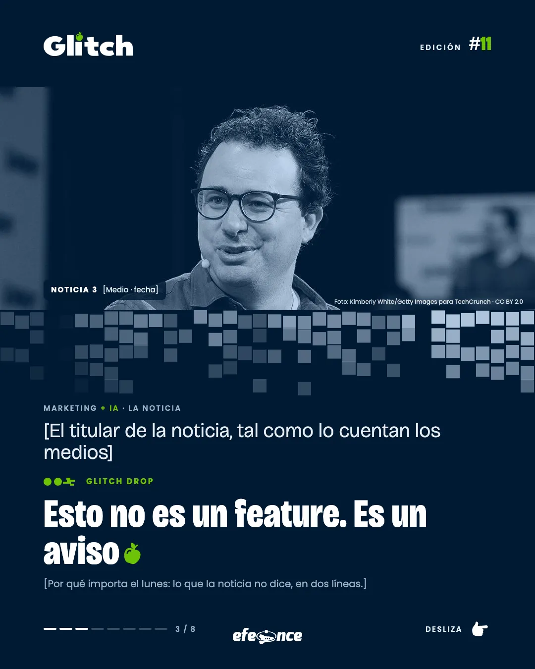 Lámina interior de Glitch con la foto de la noticia, el titular y el Glitch Drop.