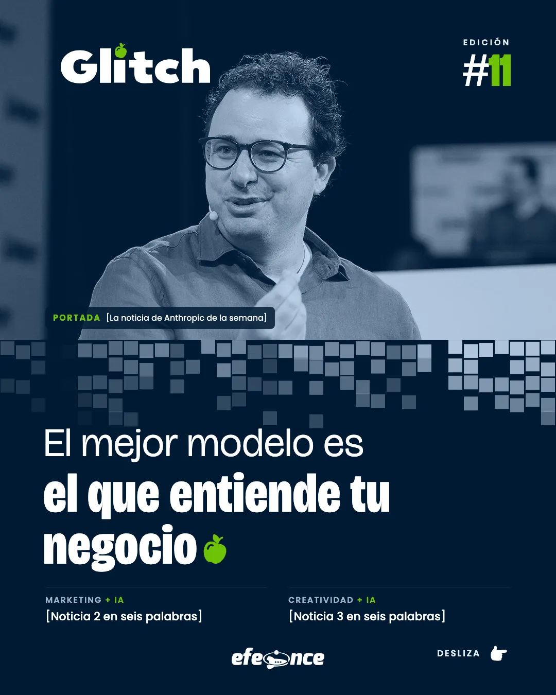 Portada A de Glitch: foto de la noticia en navy que se desarma en bytes y titular cerrado con la manzana verde.