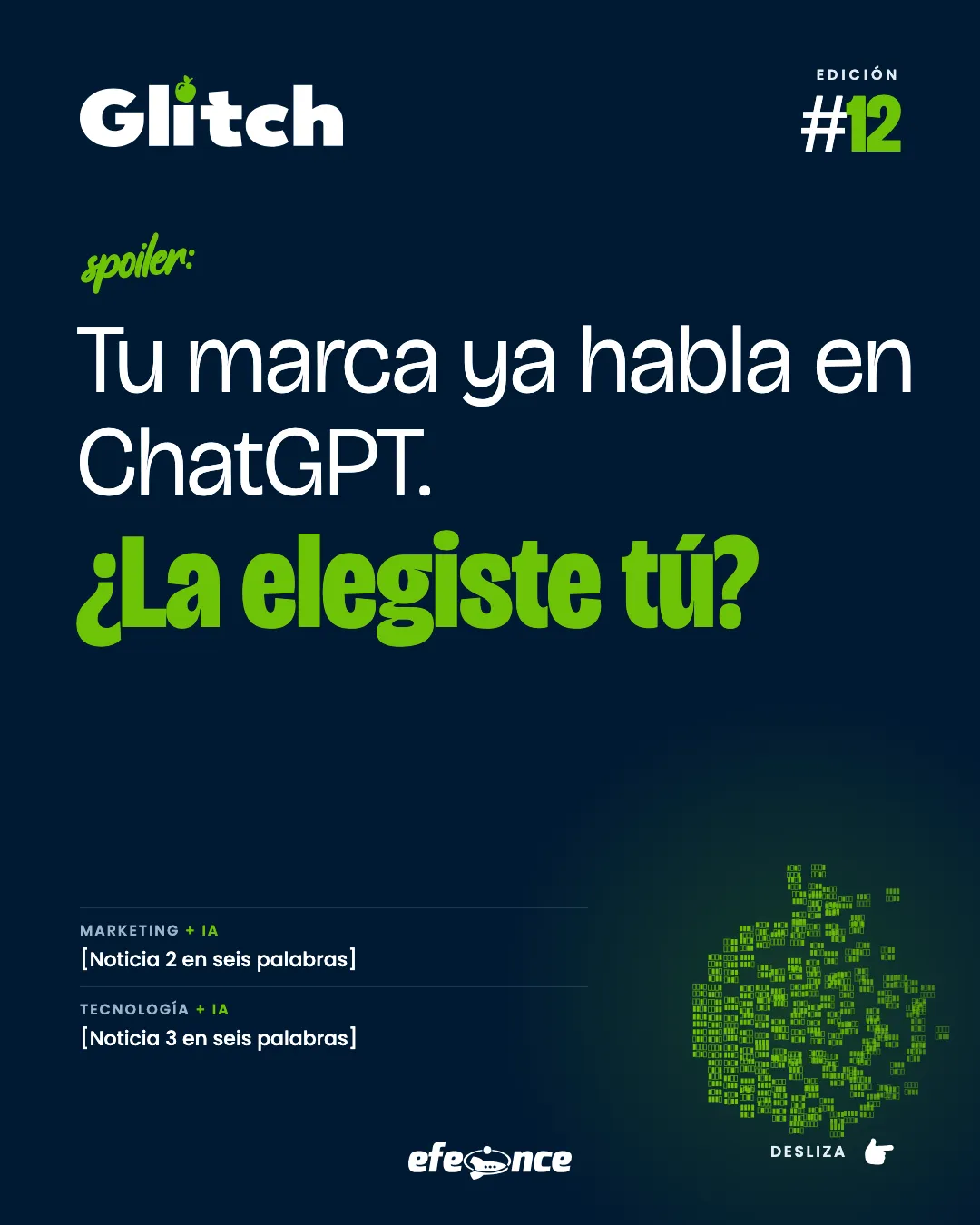 Portada B de Glitch: titular tipográfico con el remate en verde y una manzana hecha de bytes.