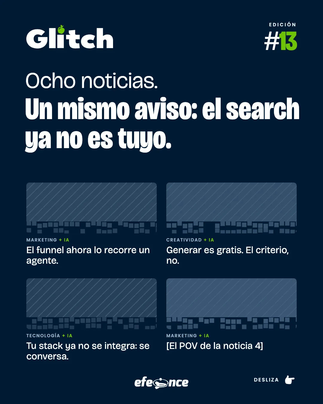 Portada C de Glitch: titular y cuatro tarjetas de noticias con foto en navy.