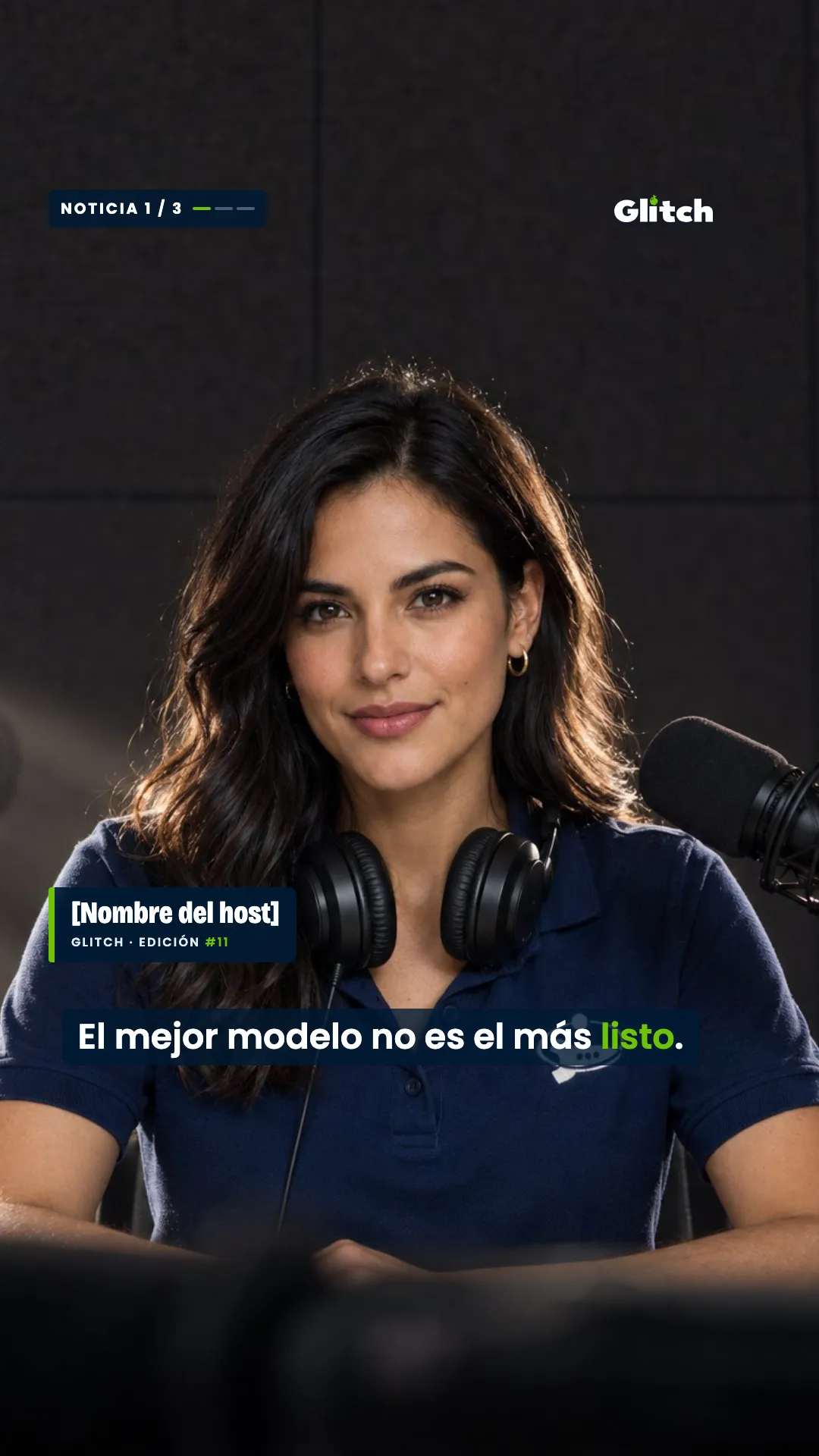 Host a cámara con la cabecera, el lower third y el subtítulo encima.
