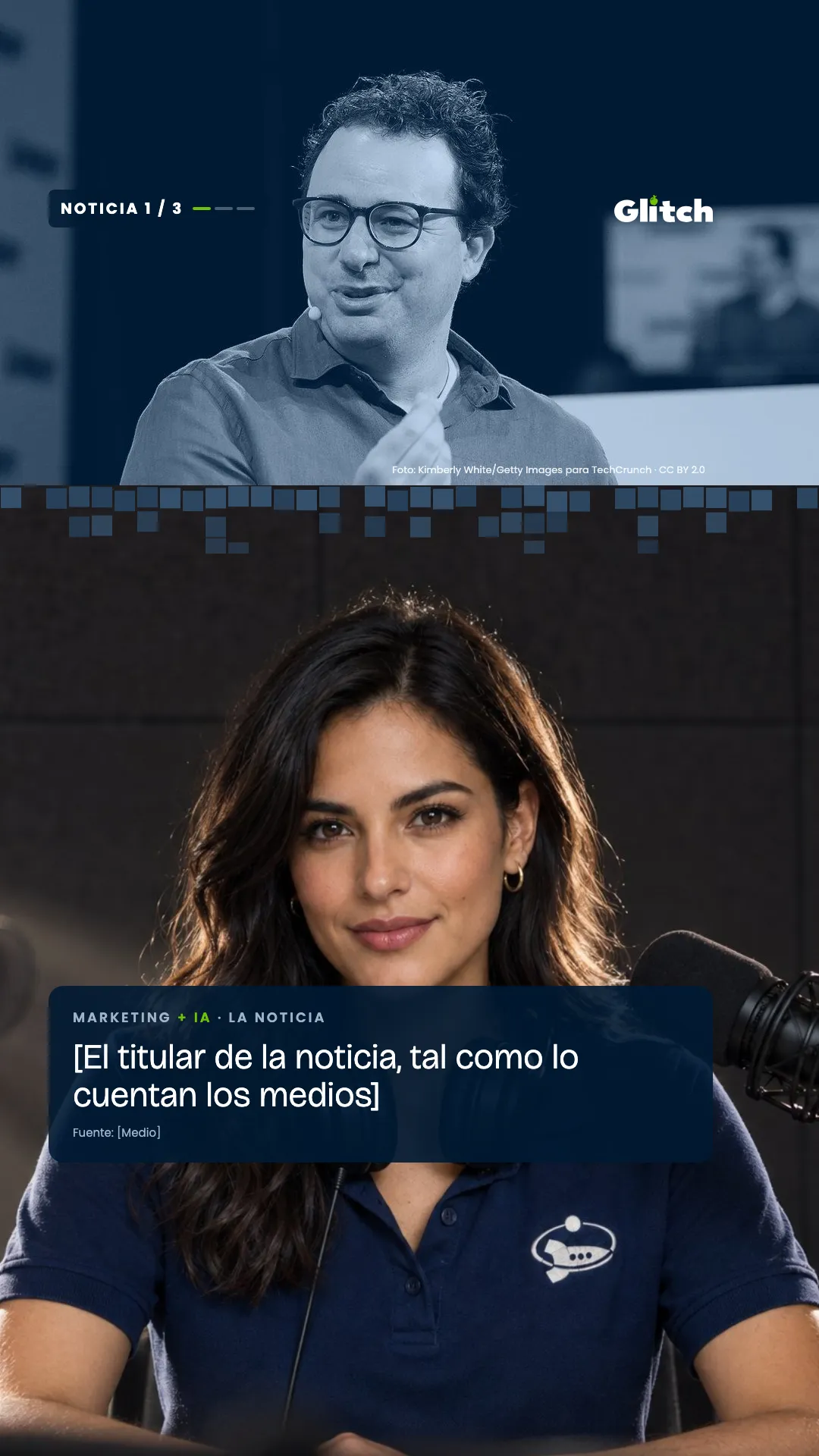 Plano dividido del reel: la foto de la noticia arriba y el host abajo con la tarjeta del titular.
