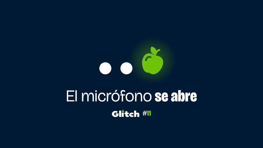 Pantalla de apertura del vlog: dos puntos y la manzana, y «El micrófono se abre».