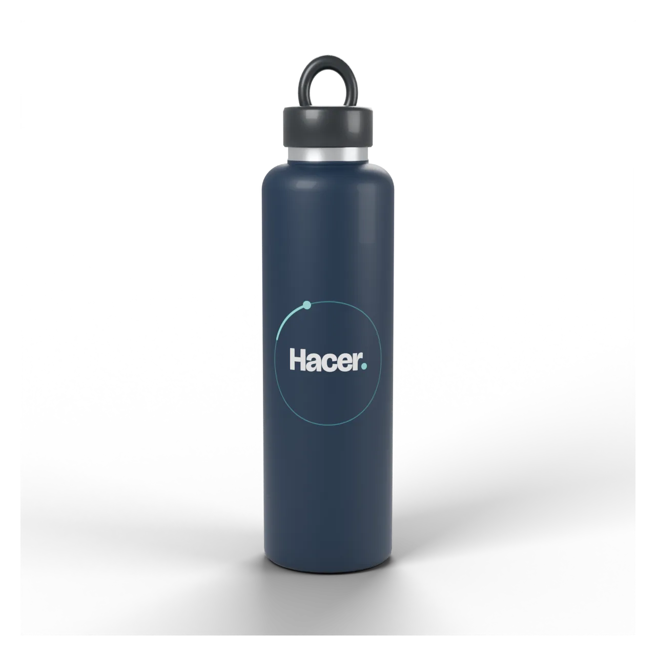 Botella deportiva navy con «Hacer.» dentro de una órbita teal