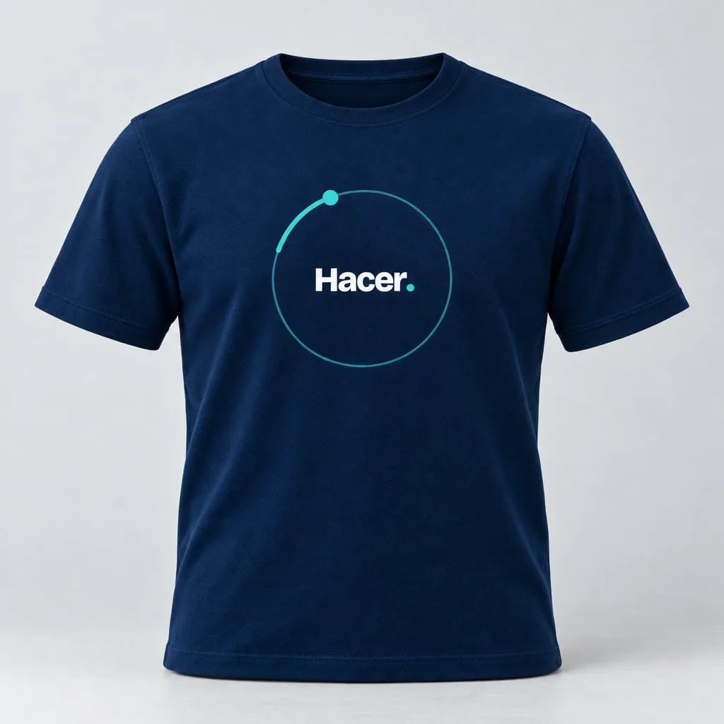 Polera navy · órbita con «Hacer.» en el pecho: maqueta fotográfica generada con IA