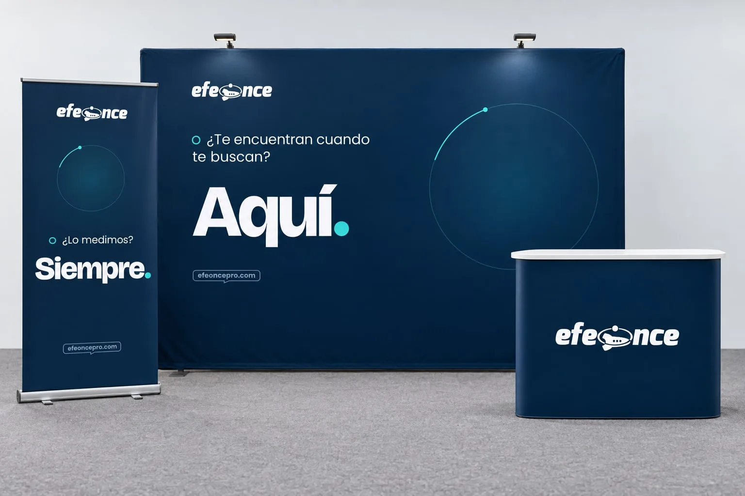 Stand armado · vista frontal: maqueta fotográfica generada con IA