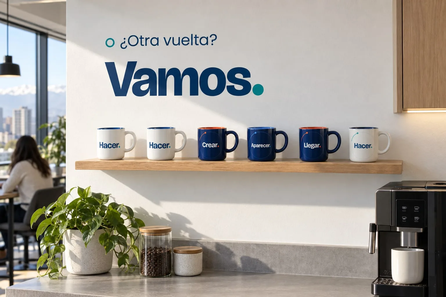Cocina · la repisa de tazas bajo su pregunta: maqueta fotográfica generada con IA