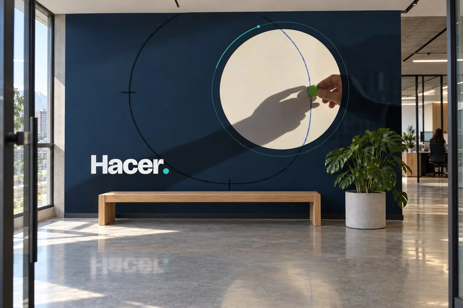 Muro de recepción · la órbita y el logo: maqueta fotográfica generada con IA