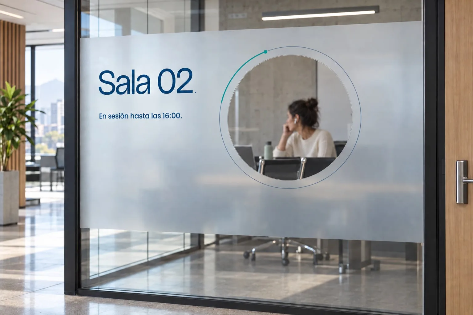 Sala · vidrio esmerilado con órbita en vinilo: maqueta fotográfica generada con IA