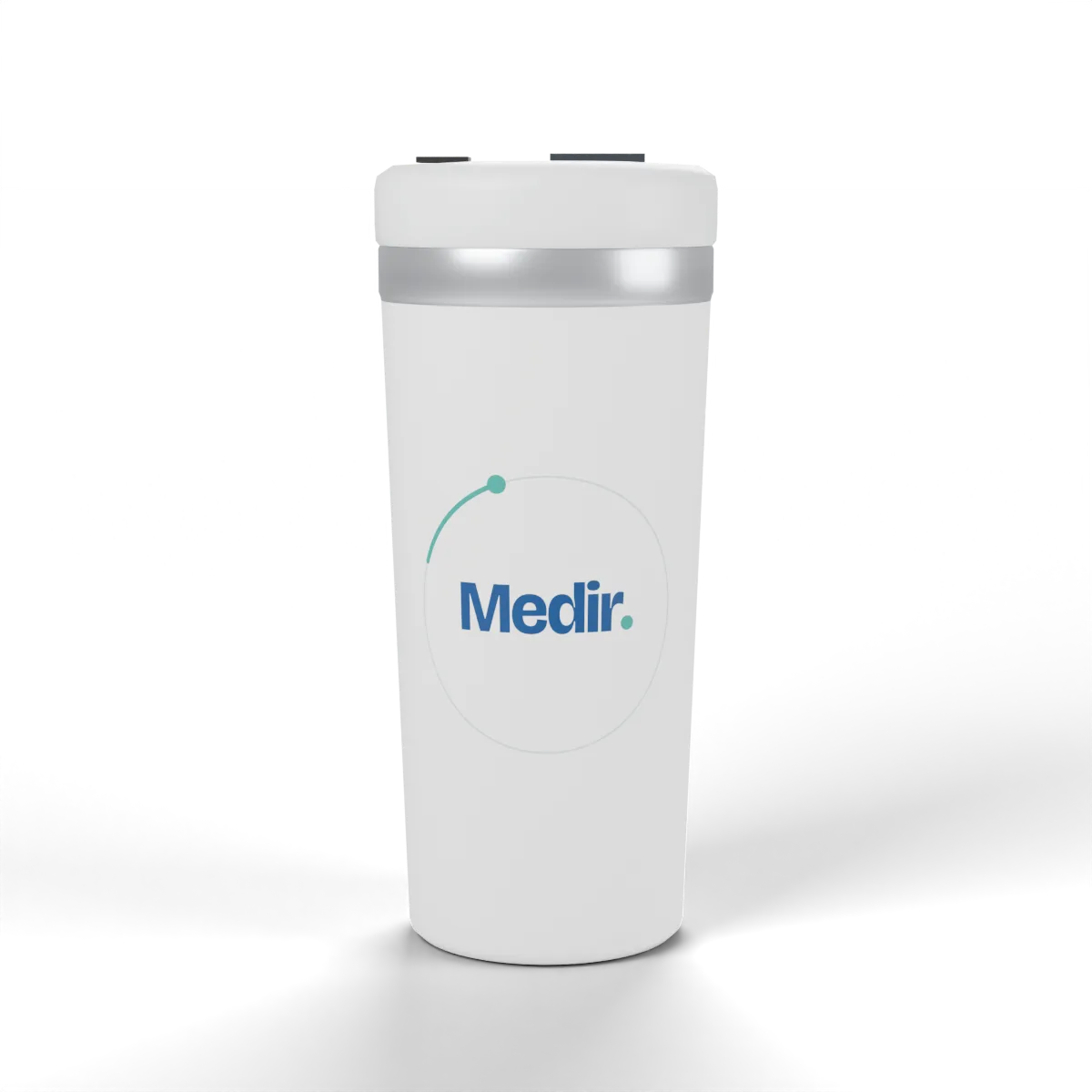 Vaso térmico blanco con «Medir.» y órbita teal oscuro