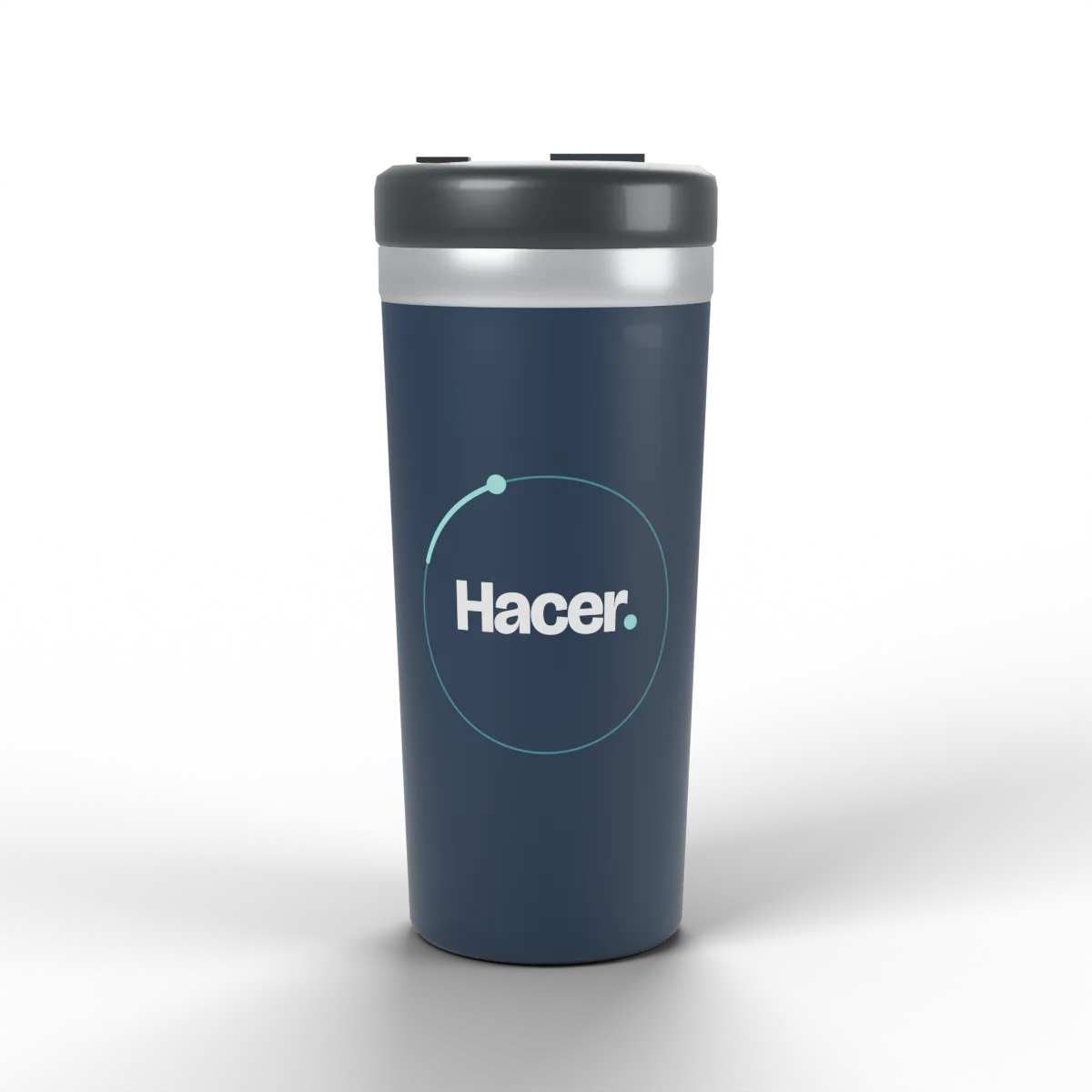 Vaso térmico navy con «Hacer.» dentro de una órbita teal
