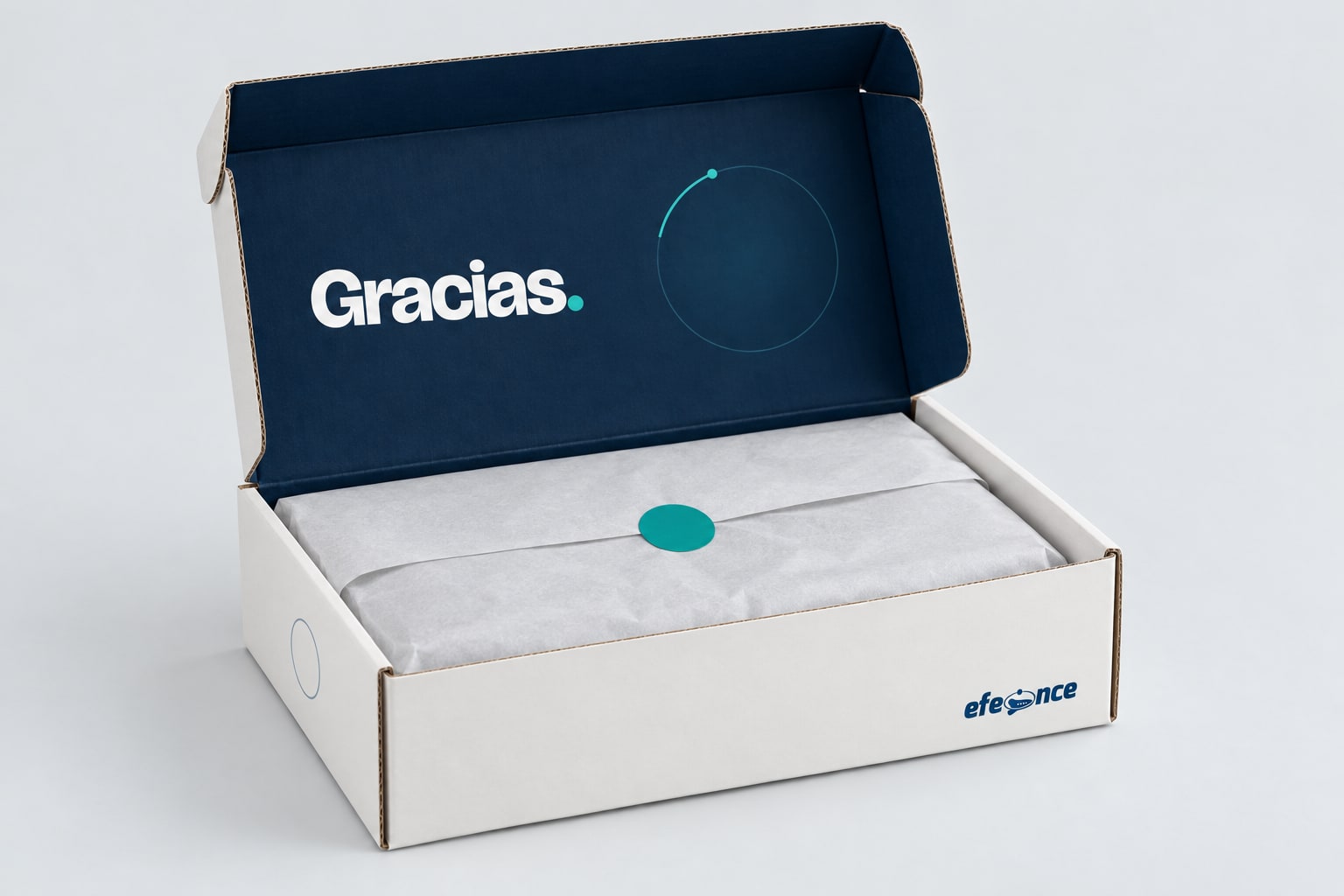 Envío a clientes: Por dentro, «Gracias.» y el sello teal.