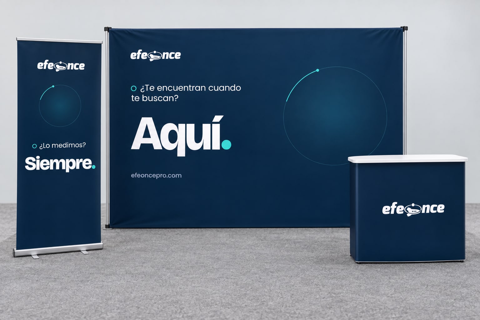 Stand para ferias: El telón pregunta y responde; el mesón firma.