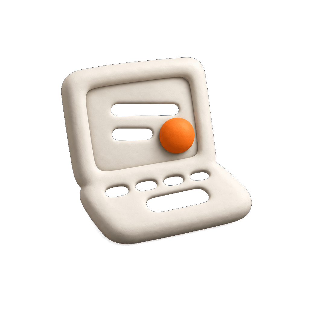 Laptop en volumen: arcilla mate con la esfera naranja