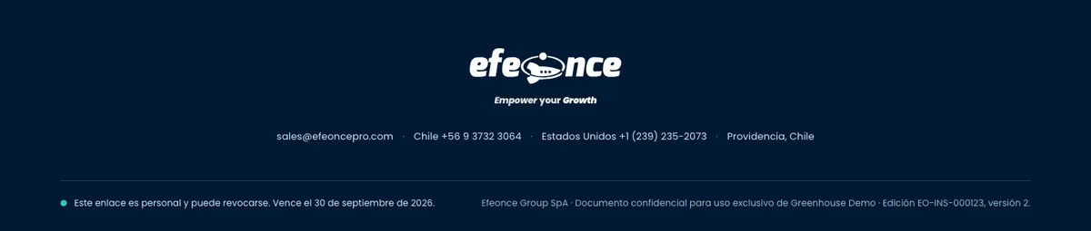 Informe live en escritorio: Pie. Logo y eslogan en su bloque oficial, contacto y aviso del enlace.
