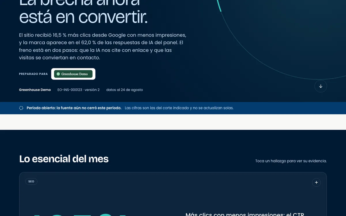 Informe live en escritorio: Datos parciales. La nota bajo la portada cuando la fecha de corte es anterior al cierre del período.