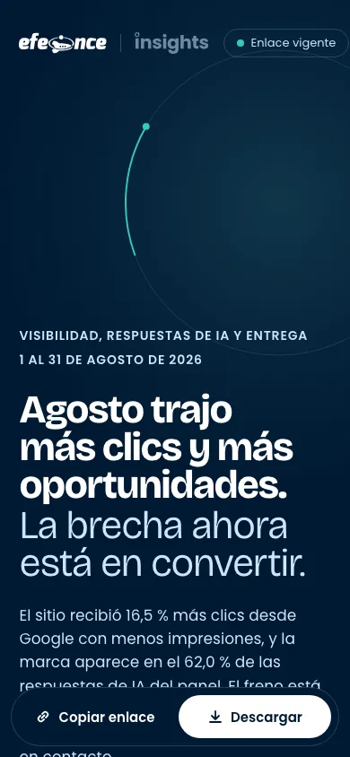 Informe live en móvil: Primer pliegue. Lockup, estado del enlace, la respuesta del mes, bajada, cliente y órbita.
