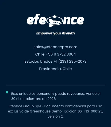 Informe live en móvil: Pie. Logo y eslogan en su bloque oficial, contacto y aviso del enlace.