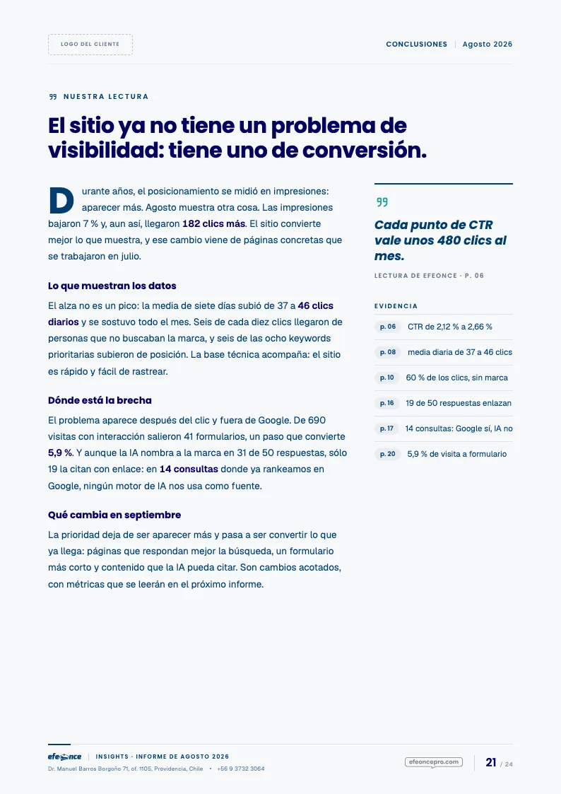 Página A4 de referencia: «Nuestra lectura». Tesis, bloques, frase clave y evidencia.