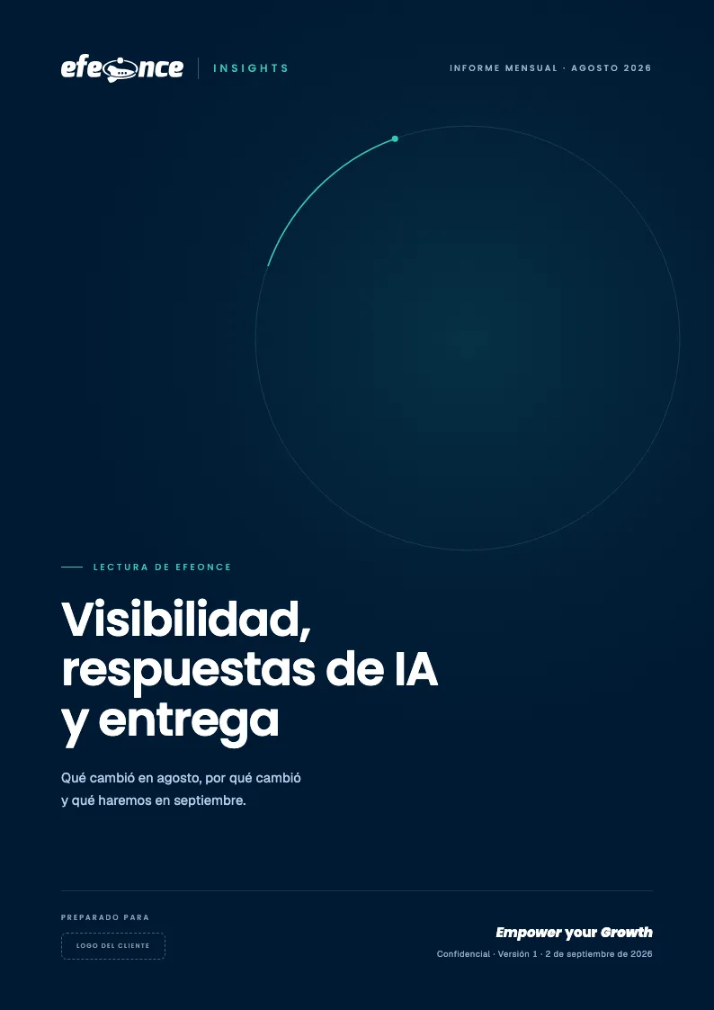 Página A4 de referencia: Portada navy. Órbita arriba a la derecha, «Lectura de Efeonce», título, bajada y «Preparado para».