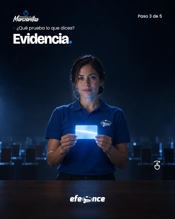 Lámina Escena en registro cine: una mujer de polo azul sostiene una tarjeta de luz frente a una mesa oscura; arriba, la pregunta «¿Qué prueba lo que dices?» y la respuesta «Evidencia.».