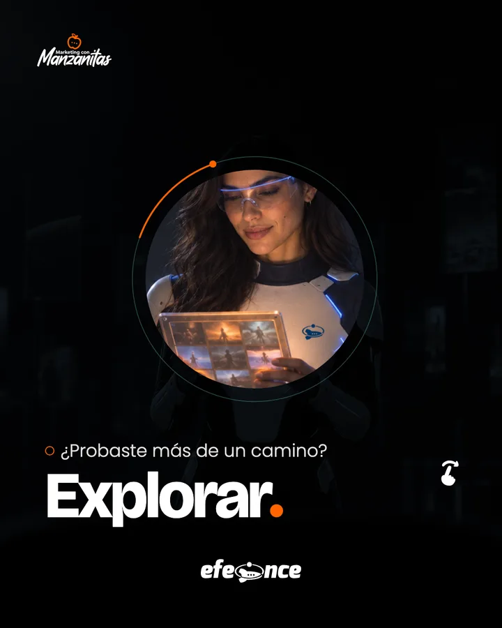 Lámina Lente, línea Brand: la foto apagada y, dentro del círculo con su arco naranja, una mujer mira una tableta con miniaturas; abajo, la pregunta «¿Probaste más de un camino?» y la respuesta «Explorar.».