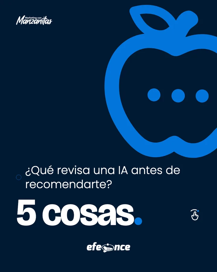 Portada Pizarra de Marketing con Manzanitas sobre navy: la manzana grande en contorno con sus tres puntos en el azul de Engine, la pregunta «¿Qué revisa una IA antes de recomendarte?» y la respuesta «5 cosas.».