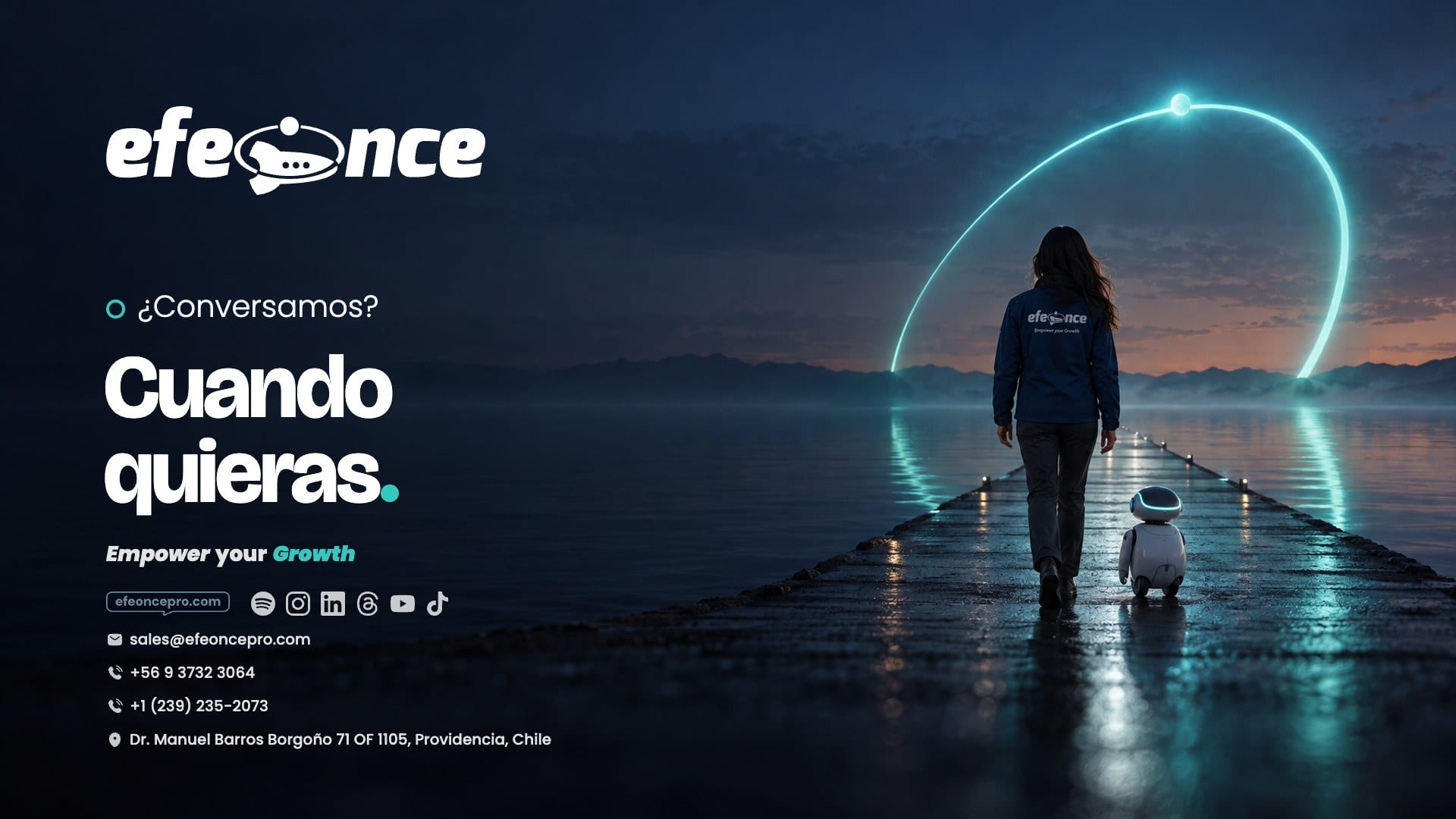 Referencia aprobada: Contraportada de brochure · Nexa y un agente hacia la órbita al amanecer · «¿Conversamos? Cuando quieras.»