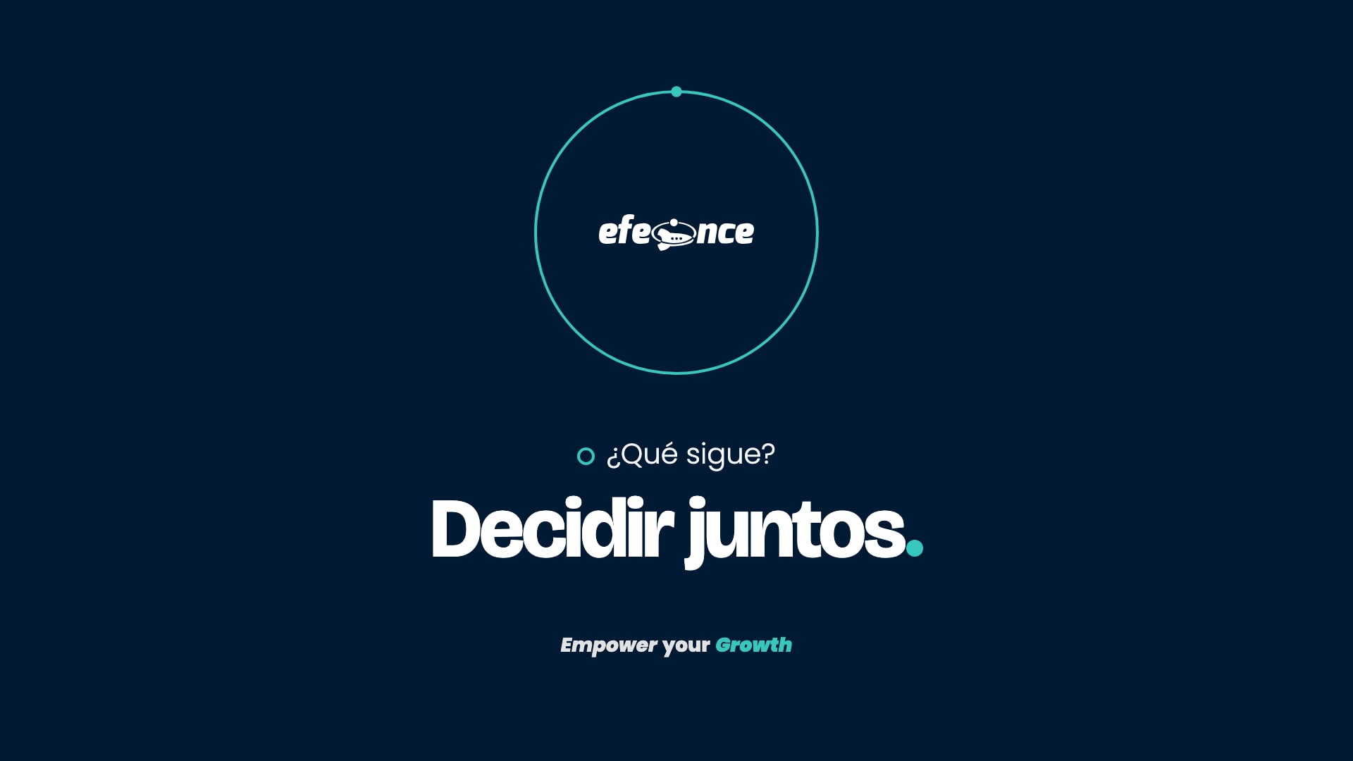 Deck · cierre clásico: la órbita completa con el logo dentro y el eslogan en el acento