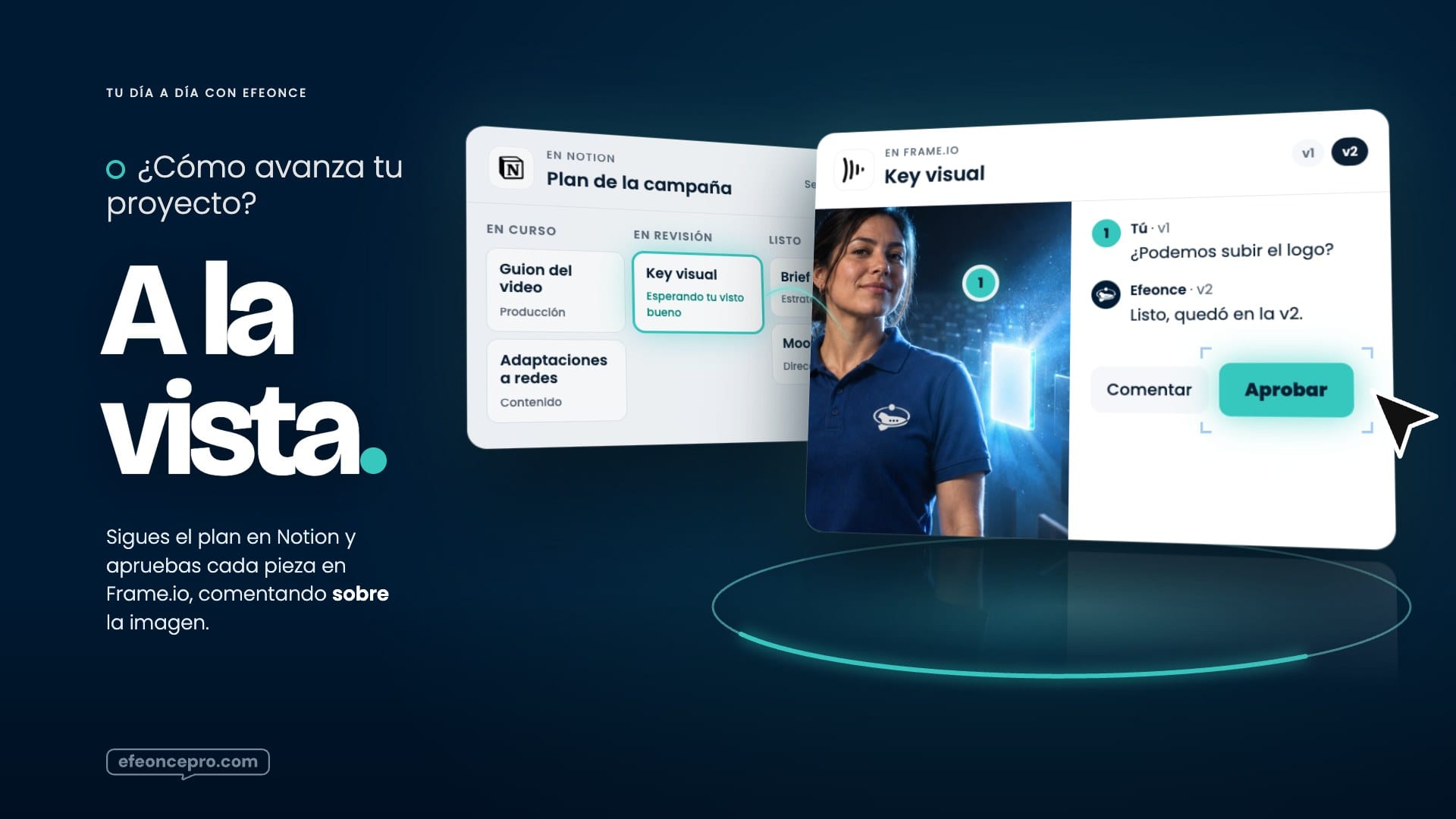 Referencia aprobada: Vívelo 1 · el plan en Notion y la aprobación en Frame.io
