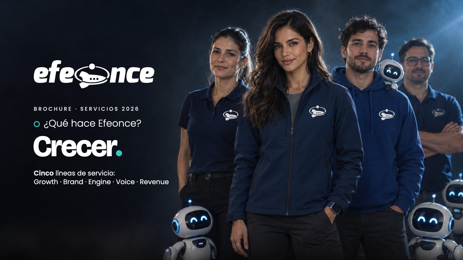 Referencia aprobada: Portada de brochure · Nexa y el equipo con agentes · «¿Qué hace Efeonce? Crecer.»