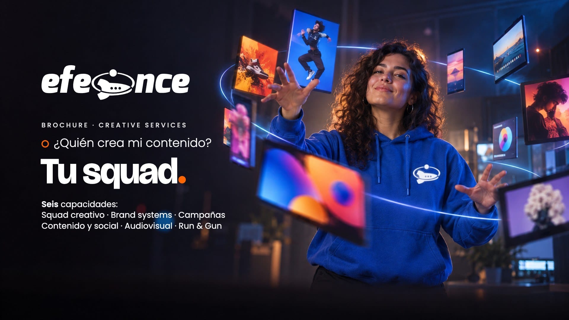Referencia aprobada: Portada de brochure por línea · Creative Services · «¿Quién crea mi contenido? Tu squad.»