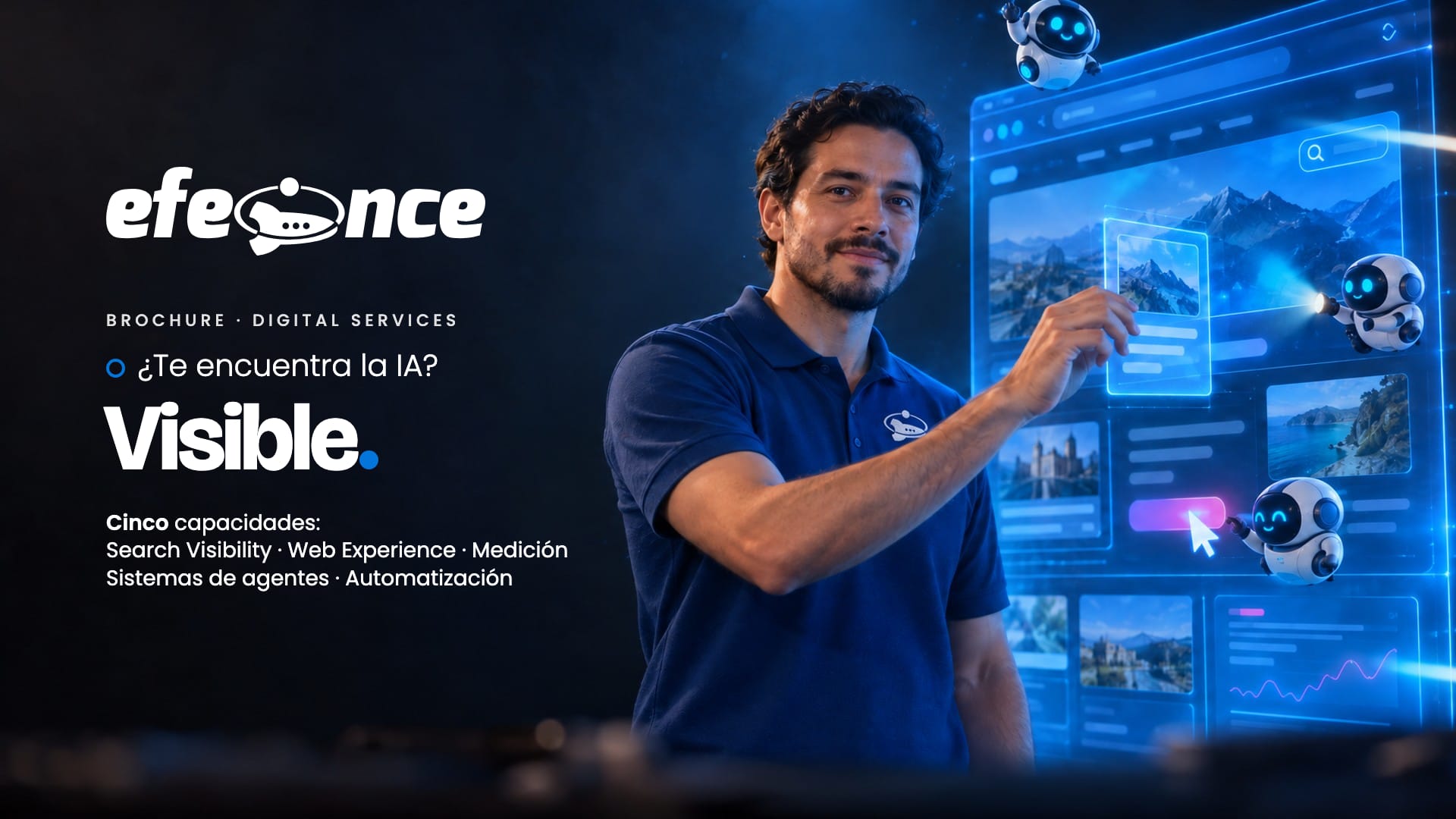Referencia aprobada: Portada de brochure por línea · Digital Services & Engineering · «¿Te encuentra la IA? Visible.»