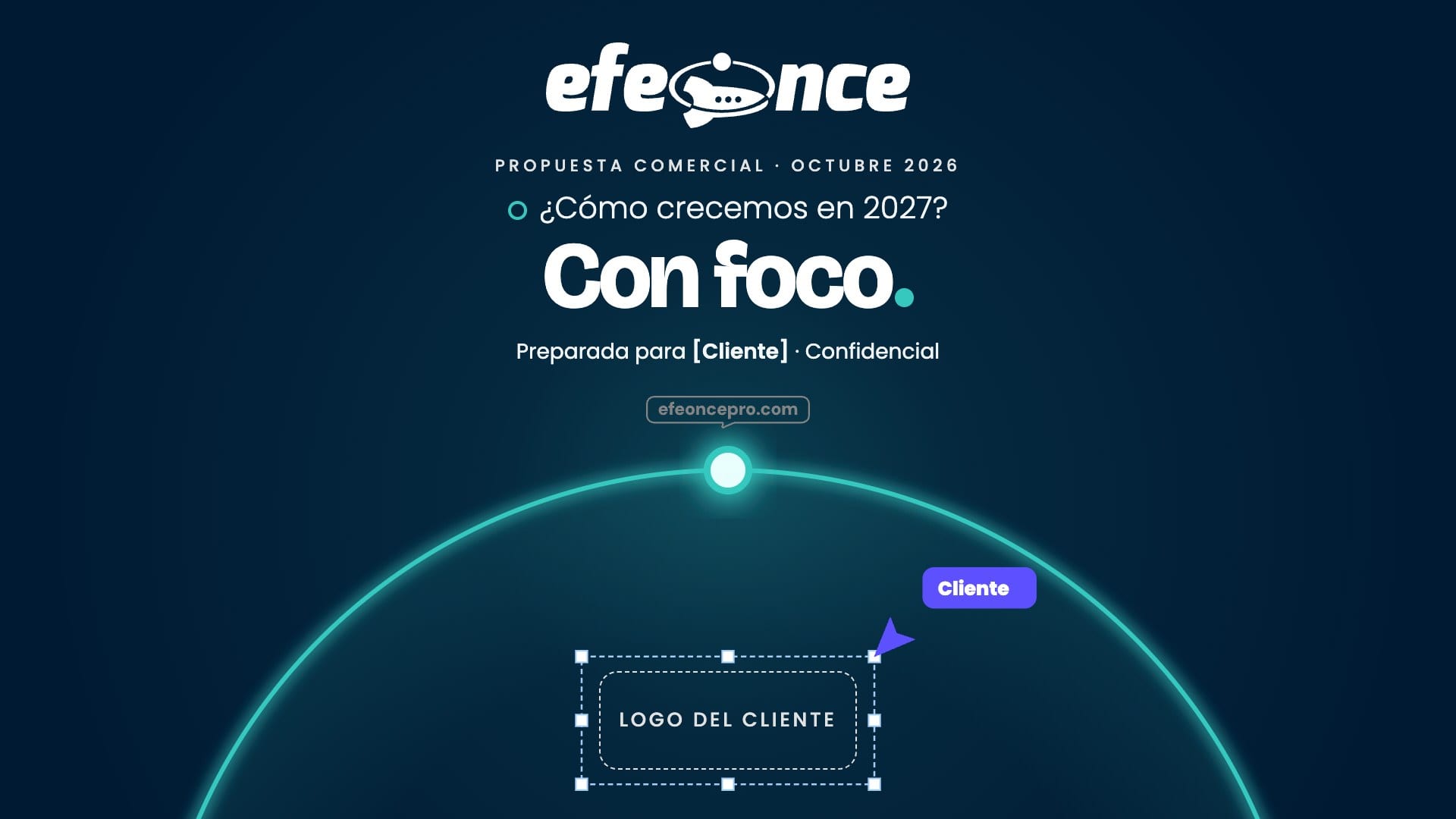 Referencia aprobada: Portada de propuesta sin foto · la órbita sale como el sol con el logo del cliente (plantilla)
