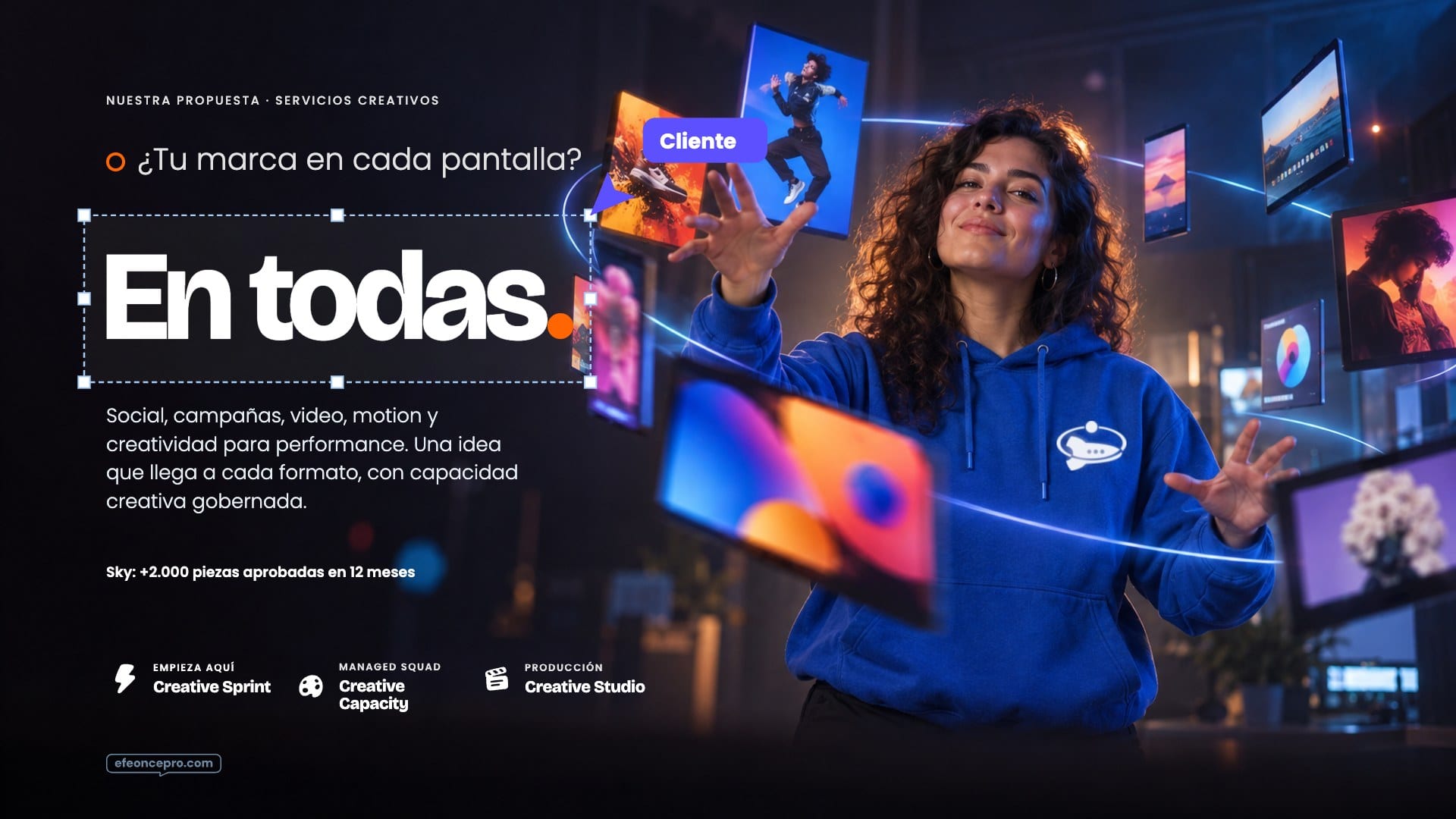 Propuesta · servicios creativos digitales: la directora dirige una órbita de pantallas