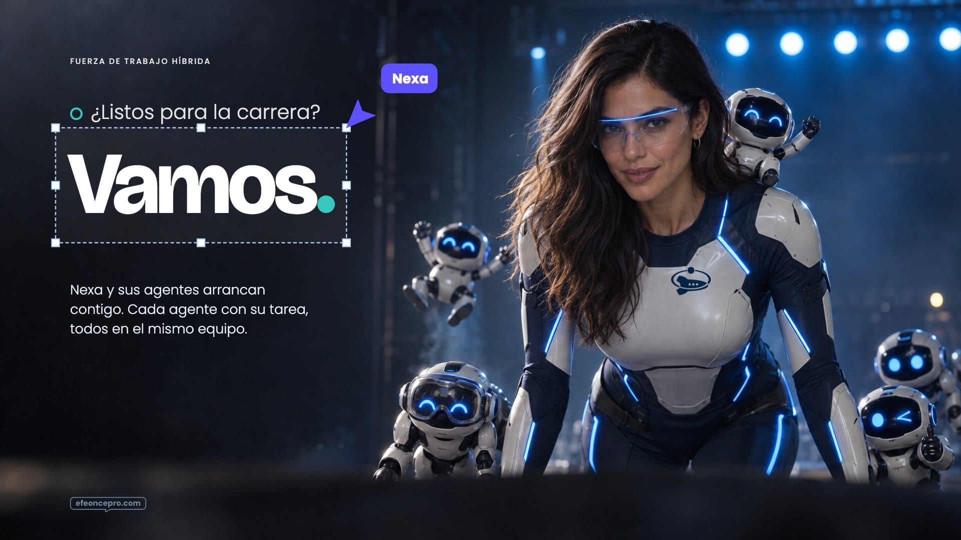 Referencia aprobada: Fuerza híbrida en cine · Nexa biónica con lentes en la partida, con sus agentes
