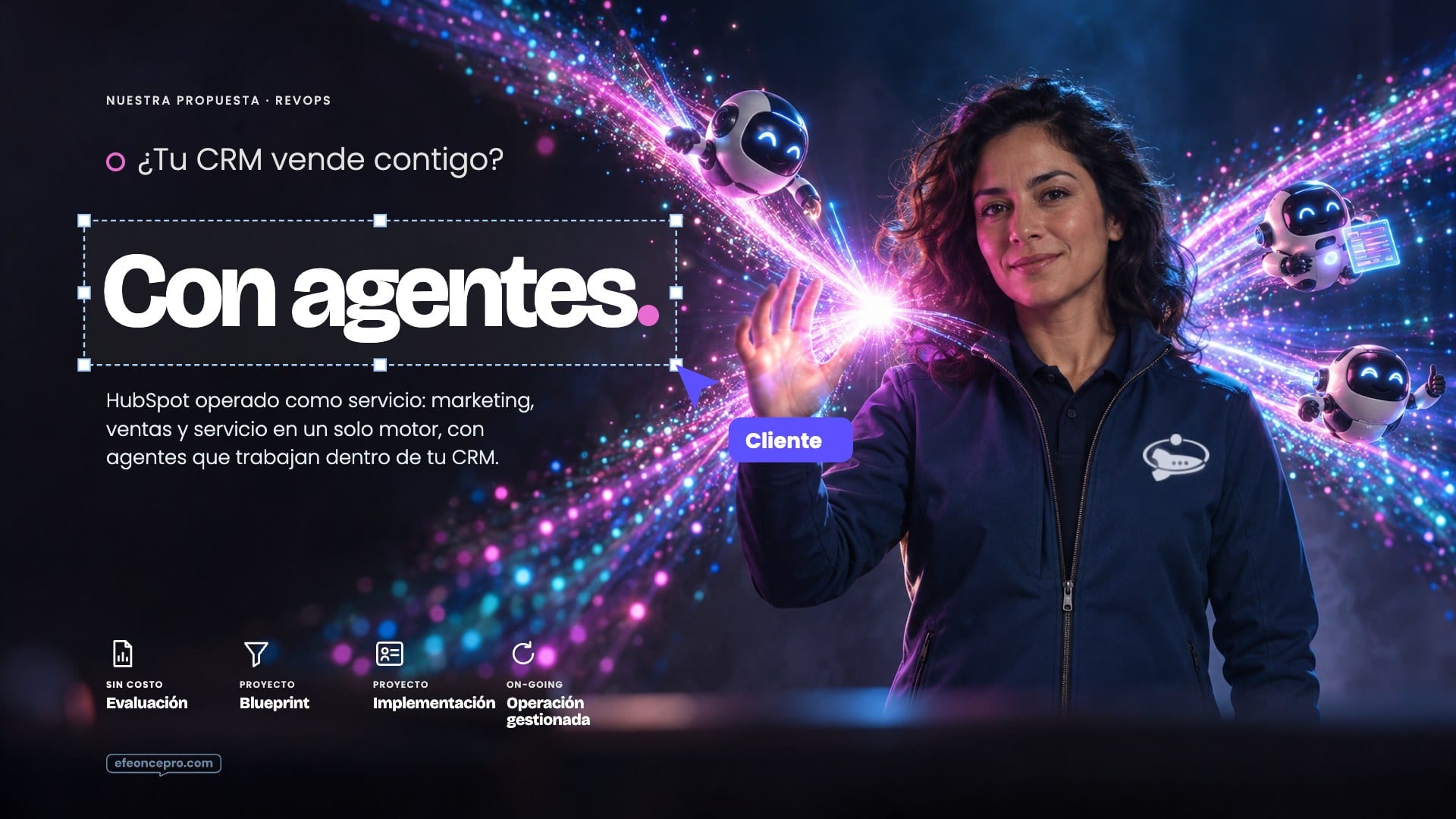 Referencia aprobada: Propuesta RevOps en cine · un moño de luz (captar, cerrar, crecer) con agentes en el flujo