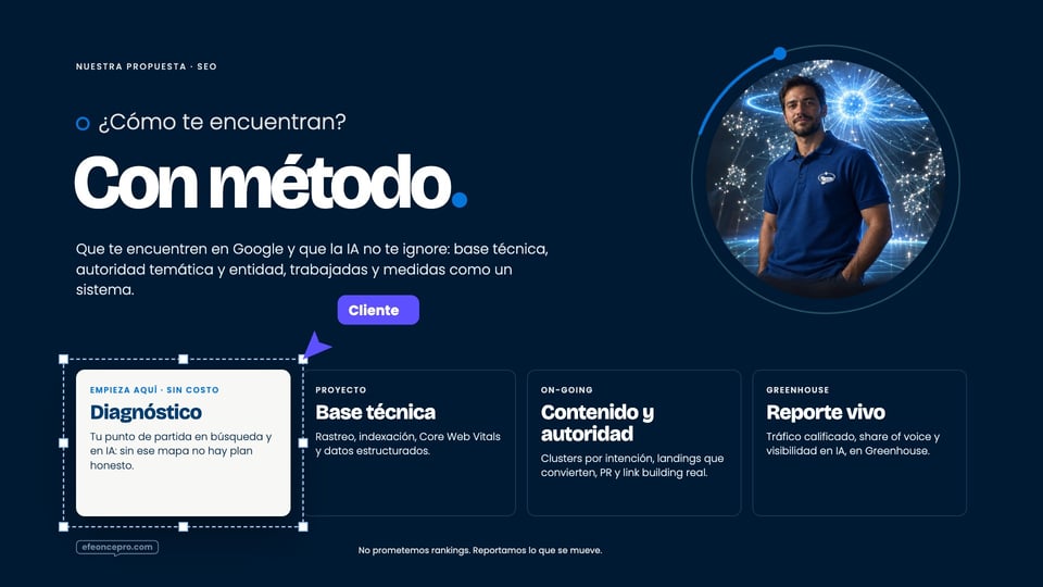 Referencia aprobada: Propuesta SEO · sobria, con lente y cuatro formas de empezar (acento Engine)